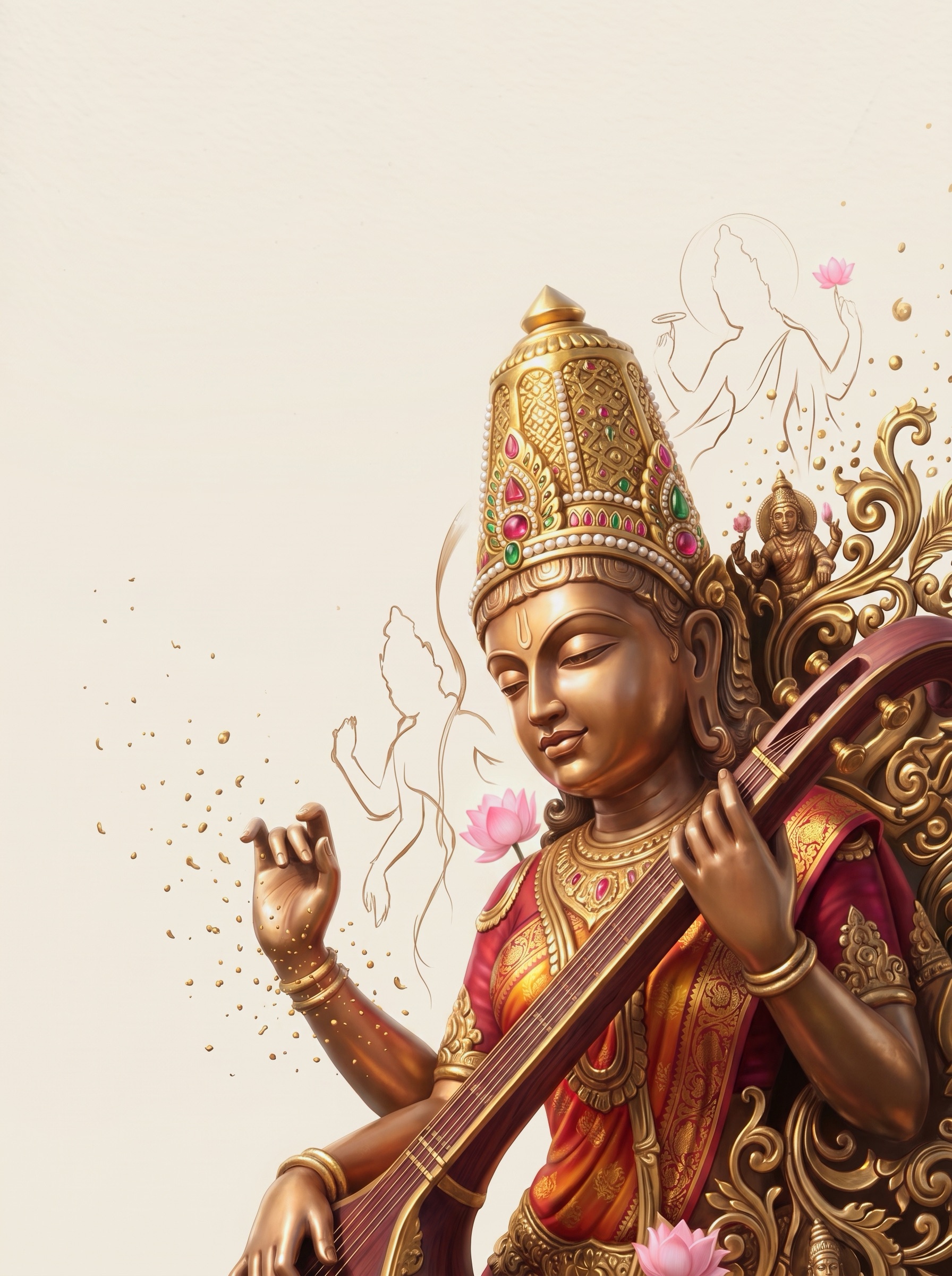 Goddess Saraswati playing the veena — a pencil study coming alive as a gilded bronze sculpture